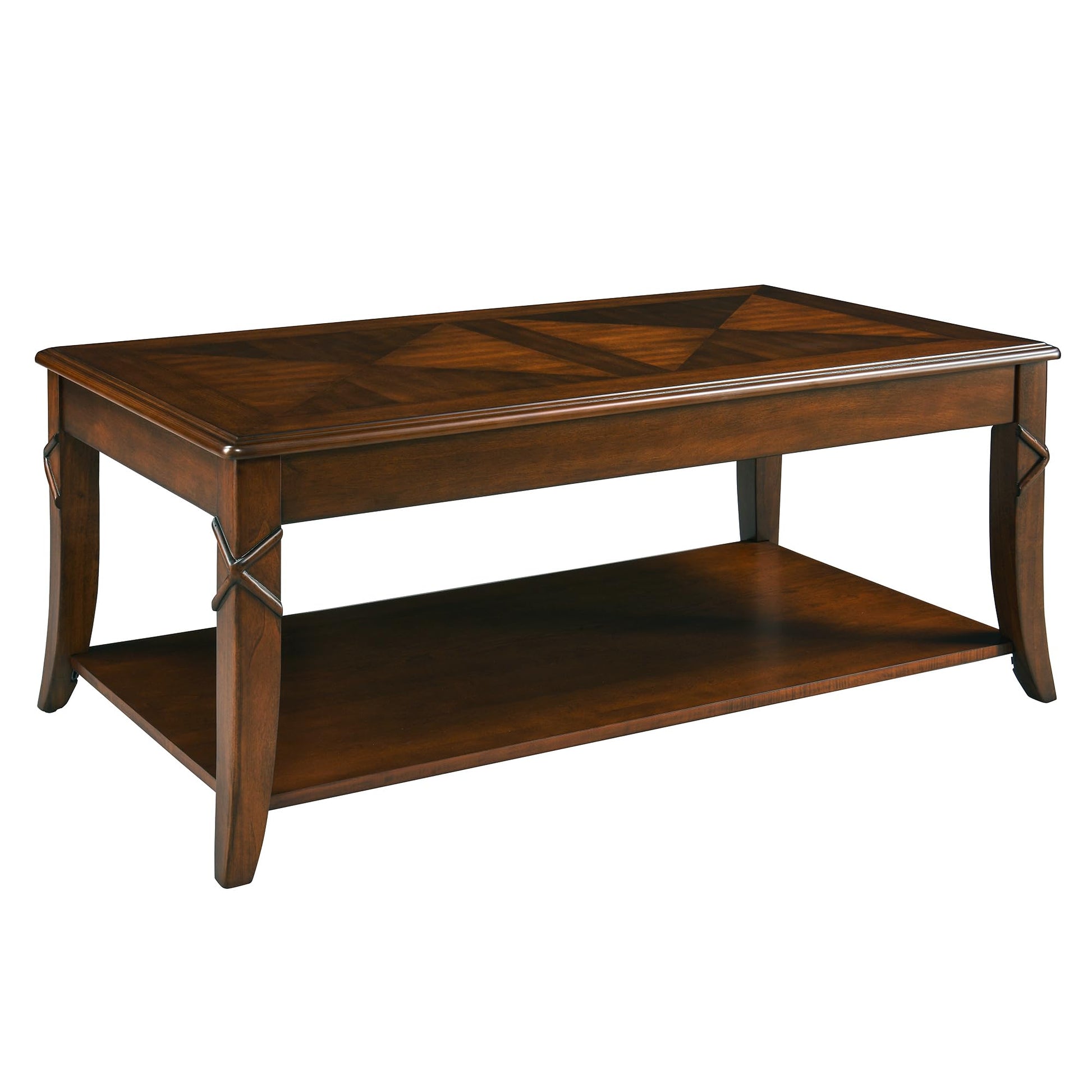 VERDANTREE Solid Wood Coffee Table with Storage Shelf, Mid-Century Living Room Tables with Carved Tabletop and Leg, 43.3” Splicing Cocktail Center Sofa Table, Cherry Brown KFZ-DR200 - WoodArtSupply