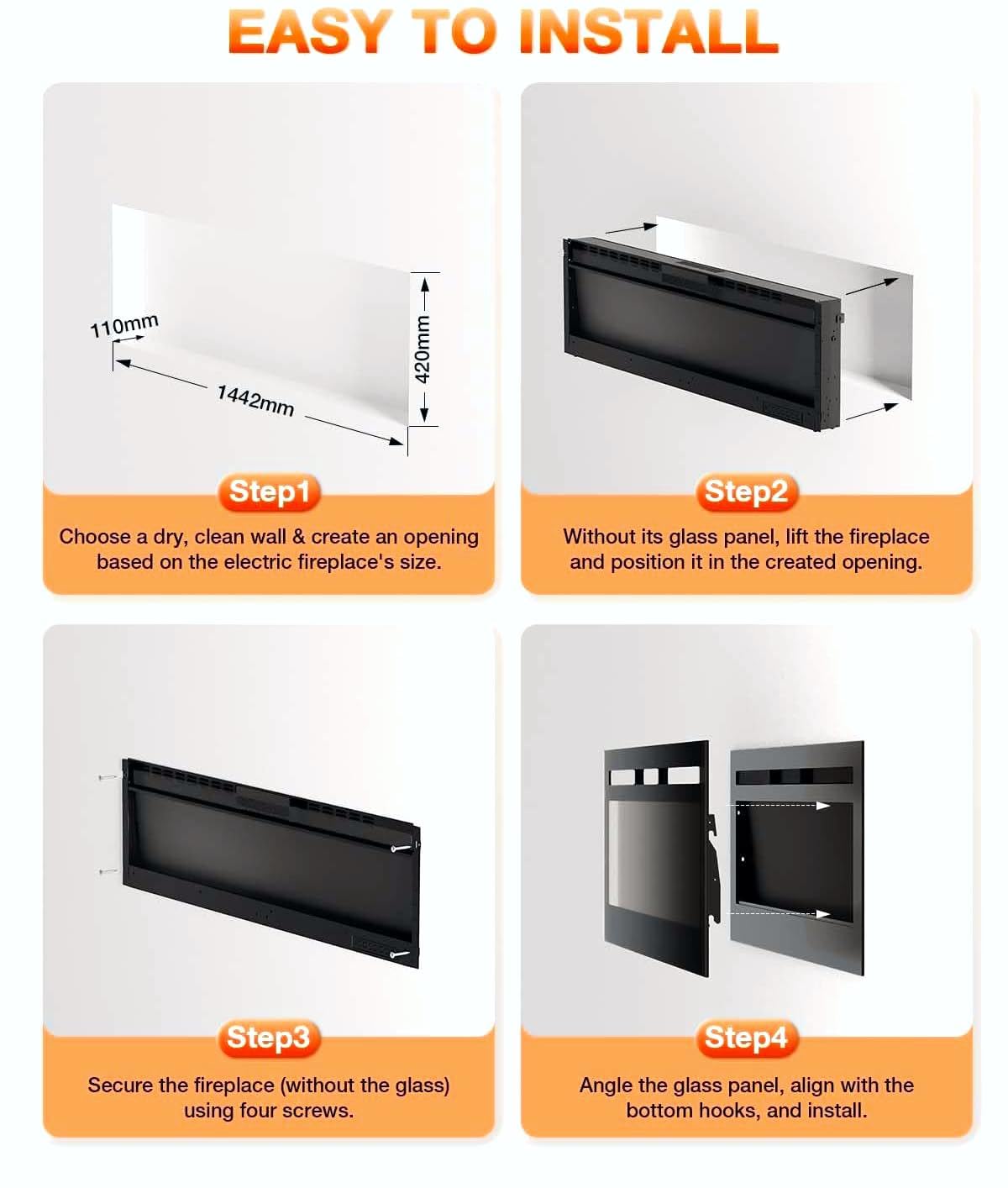 VISVEIL Electric Fireplace 60Inch,Wall Mounted Electric Fireplace Heater with Timer Inserts，TV Stand Touch Screen and Realistic Flame,Log Set,Crystal Flames 750 to 1500W，Remote for Living Room VISVEIL