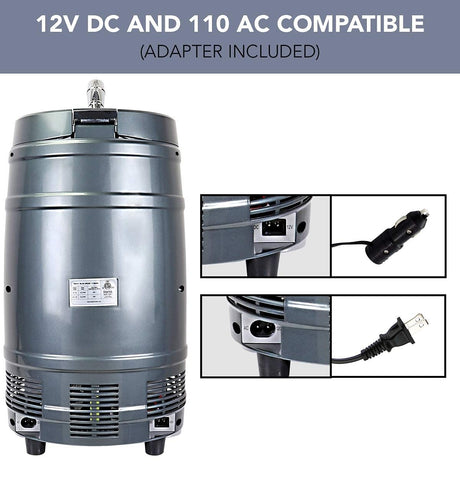 Koolatron 5L Mini Beer Keg Cooler with Dual Taps for Gravity or Pressurized Top Dispensing Kegs, Includes 12V DC and 110V AC Koolatron