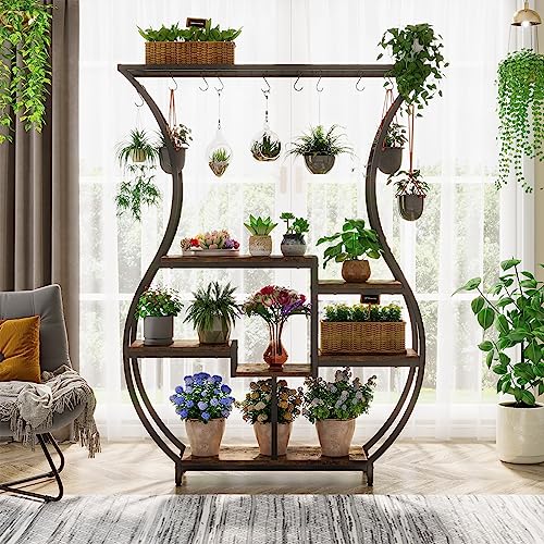 Tribesigns 6-Tier Plant Stand, 70.9 Inch Tall Plant Shelf with 10 Hanging Hooks, Vase Shape Ladder Plant Stand, Multi-Purpose Plant Display Rack for Indoor, Balcony, Living Room, Brown and Black Tribesigns