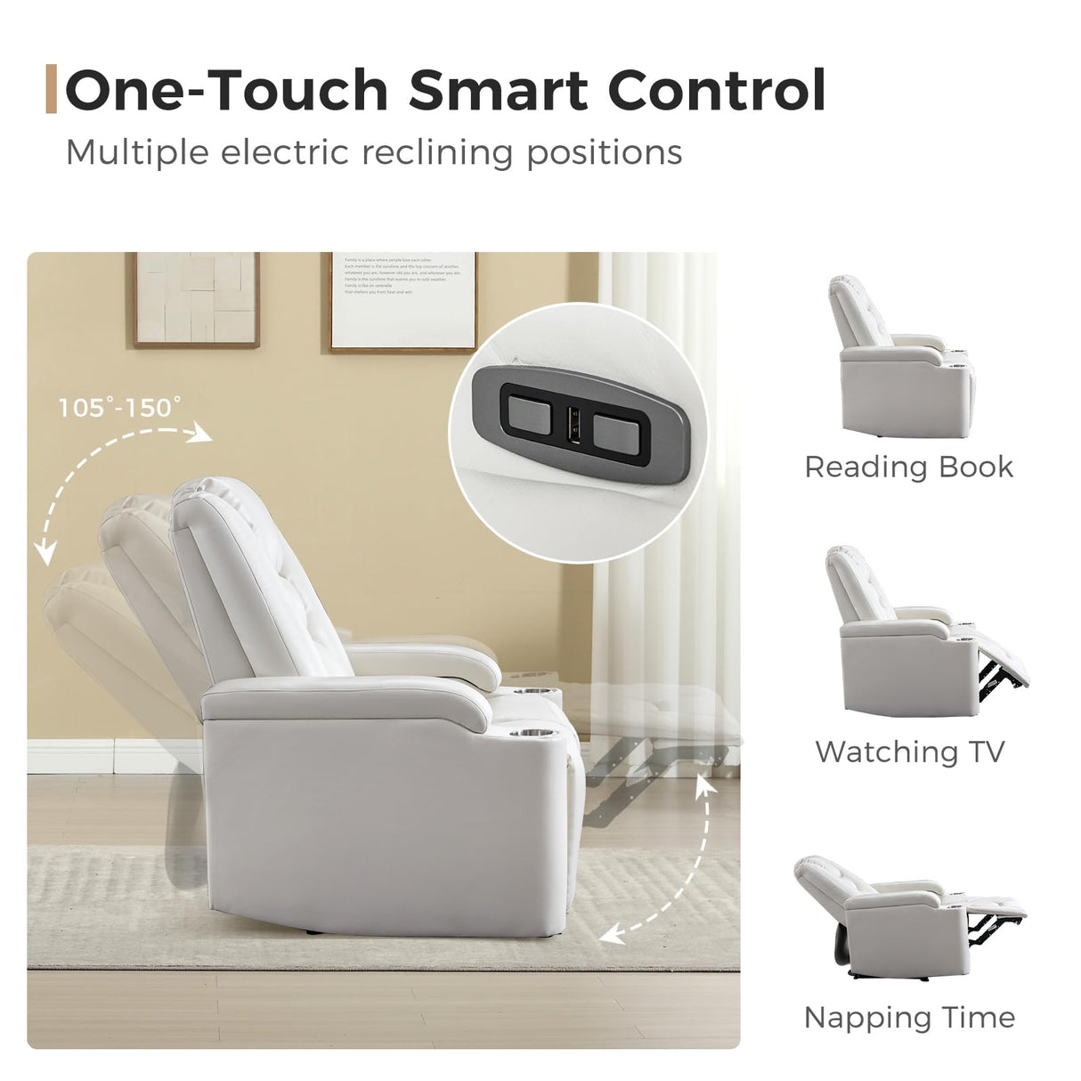 ANJ White Power Recliner Chair Set of 2, Electric Home Theater Seating Soft Leather Reclining Chairs for Movie Room Overstuffed Recliners with Hidden Arm Storage, Cup Holders and USB Ports ANJ