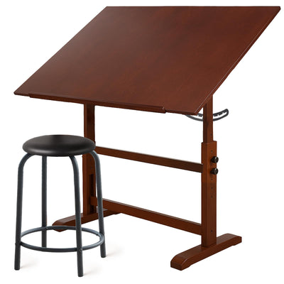 Falling in Art Wooden Drafting Table and Stool Set, Walnut 30" x 42" Adjustable Height and Angle Solid Wood Drawing Desk for Adults, Artist Craft Table for Painting Artwork, Reading, and Writing