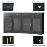 Sideboard Buffet Cabinet with LED Lights, 55.1 Storage Cabinet with 2 Large Drawers & 4 Glass Doors, Modern Kitchen Display Cabinet with Adjustable Shelves, Coffee Bar for Kitchen Living Room (Black) Gyfimoie