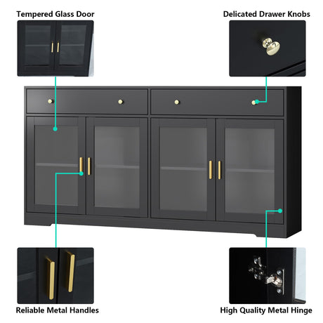 Sideboard Buffet Cabinet with LED Lights, 55.1 Storage Cabinet with 2 Large Drawers & 4 Glass Doors, Modern Kitchen Display Cabinet with Adjustable Shelves, Coffee Bar for Kitchen Living Room (Black) Gyfimoie