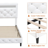 Keyluv Modern Upholstered Queen Bed Frame with LED Lights, Faux Leather Low Profile Platform Bed Frame, Adjustable Crystal Button Tufted Headboard, Strong Wood Slat Support, Easy Assembly, White Keyluv