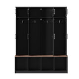 Merax Hall Tree with Bench and Shoe Storage Compartments, Particle Board Multi-Functional Entryway Cabinet with 4 Hanging Hooks, Black Merax
