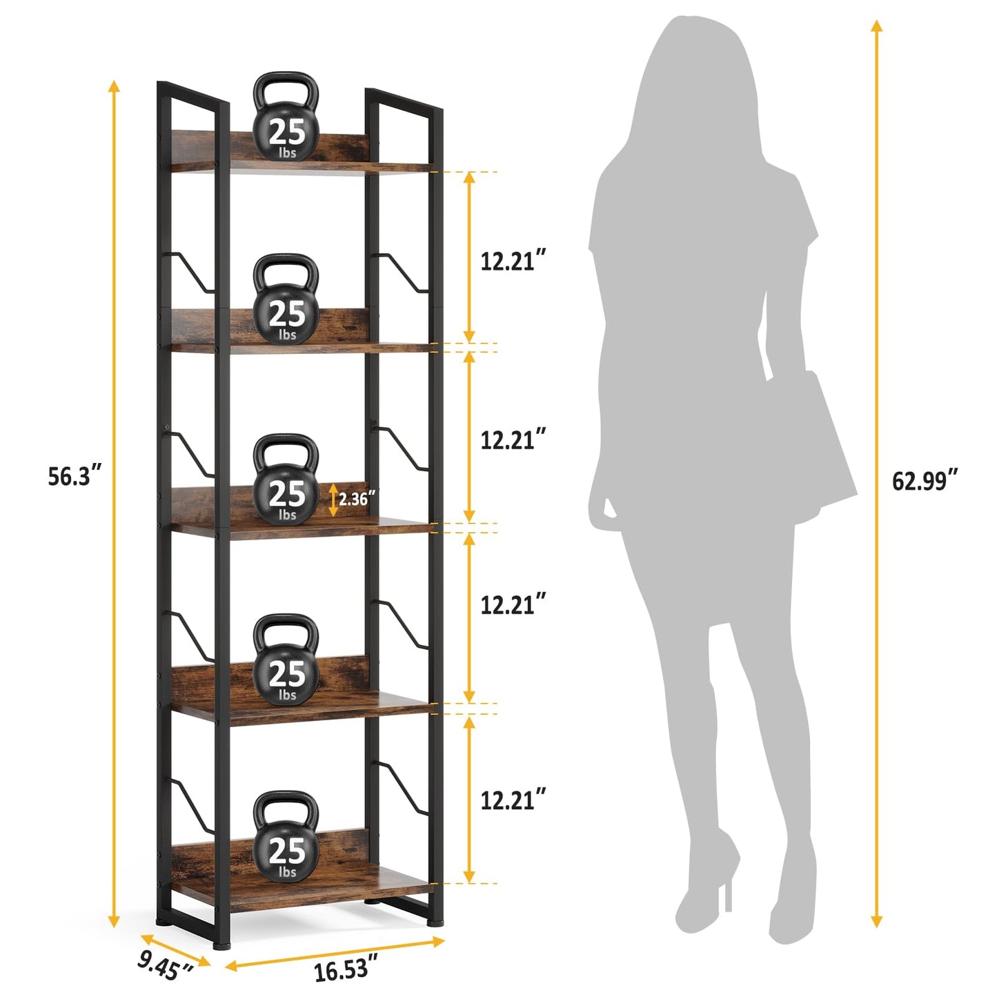 Hosfais 5-Tier Rustic Brown Narrow Bookshelf with Edge Protection for Home and Office - WoodArtSupply