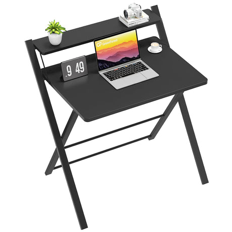 GreenForest Folding Desk No Assembly Required Small Size, 2-Tier Foldable Computer Desk with Shelf for Home Office, Space Saving Portable Laptop Study Foldable Table for Small Spaces, Black GreenForest