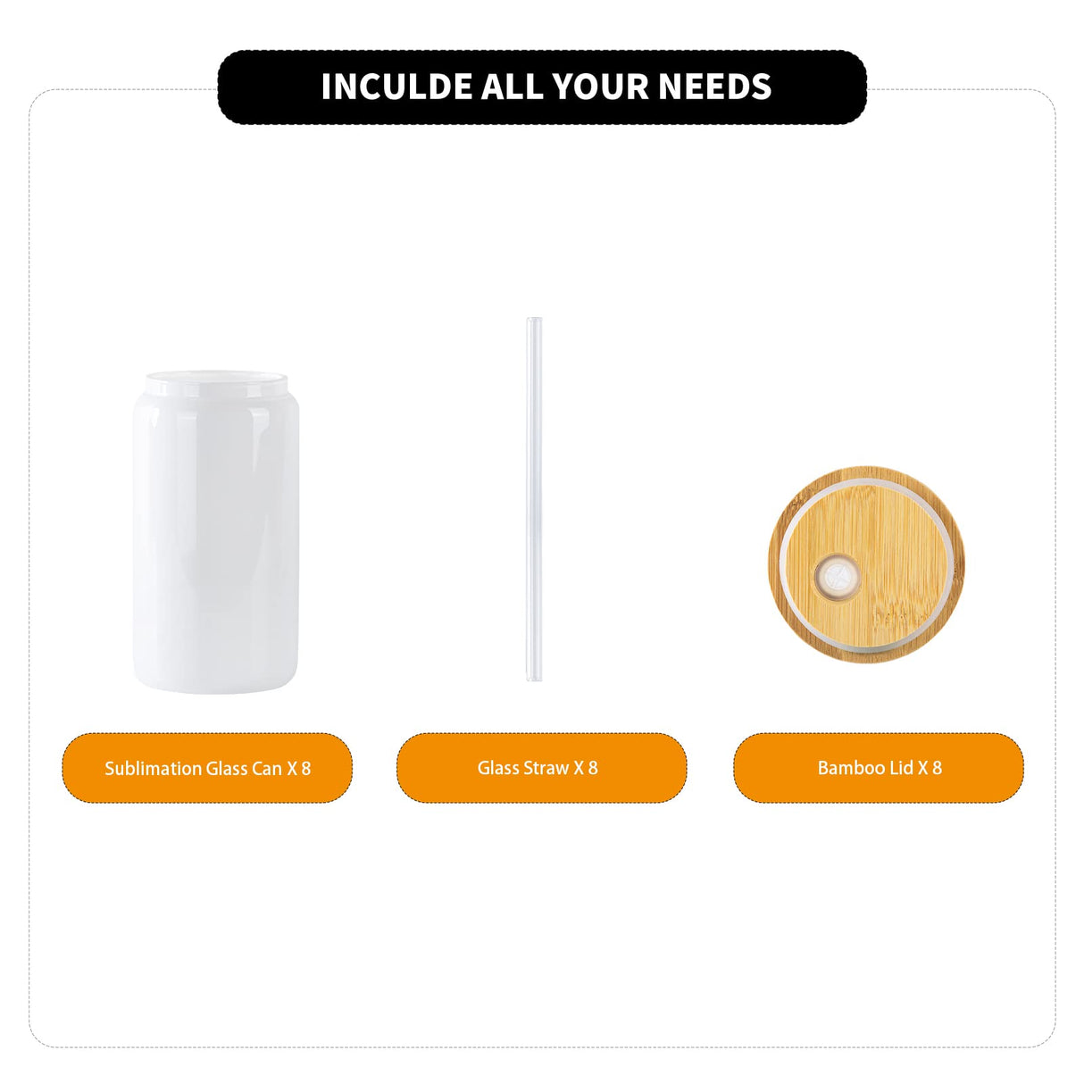 YOUKE OLA 8 Pack Sublimation Blank White Glass Cans Sublimation Beer Glass Cups with Bamboo Lids Borosilicate Glasses Tumbler Mason Jar Cups Mug with Glass Straw for Beer, Juice, Drinks 16oz White YOUKE OLA