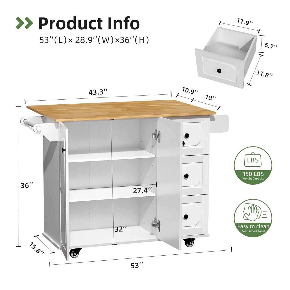 infurnic Kitchen Island with Storage, Rolling Kitchen Island Cart with Drop Leaf, Storage Drawers, Spice Rack, and Towel Rack for Kitchen and Dining Room, White infurnic