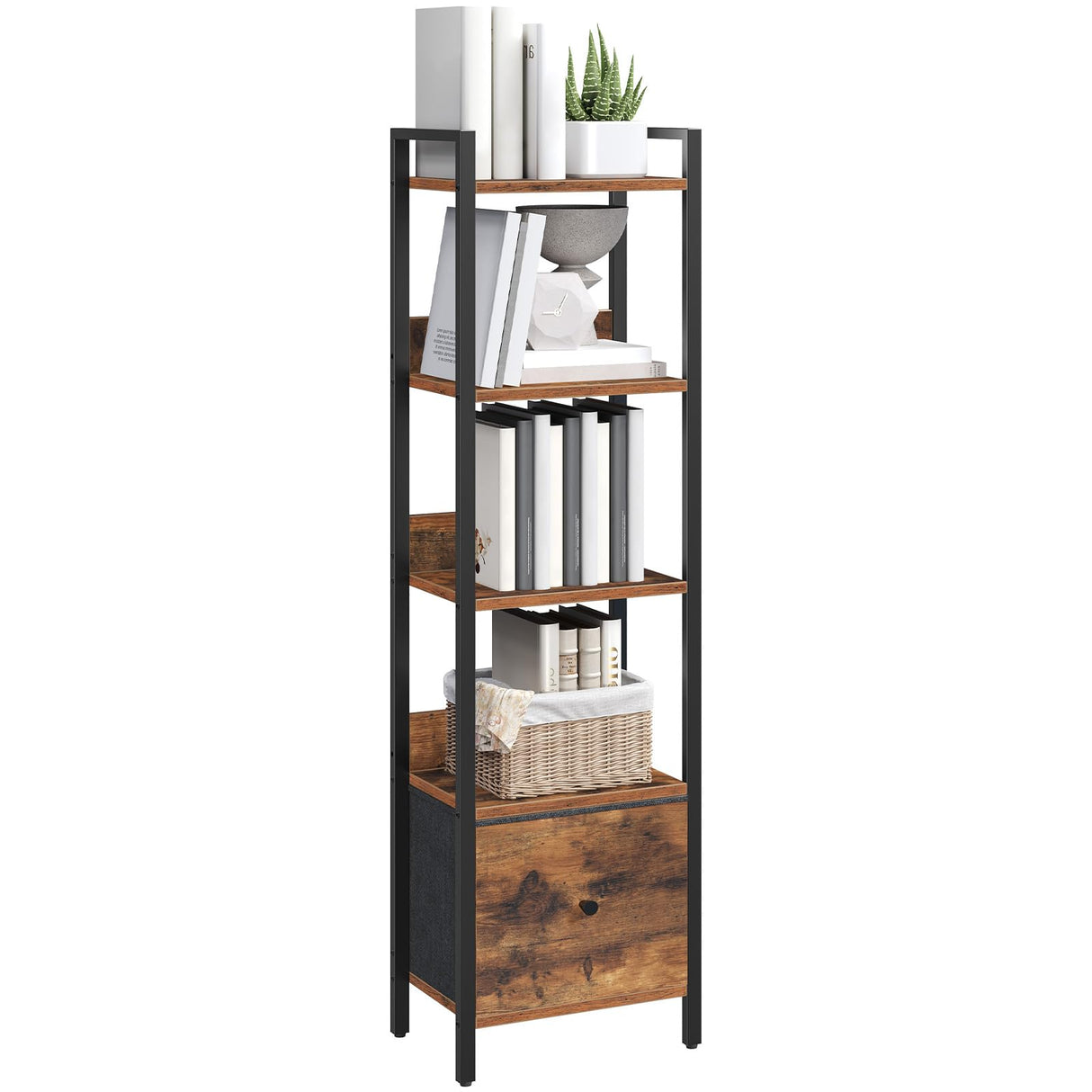MAHANCRIS Bookshelf, 5-Tier Bookcase with Drawer, Small Book Shelf for Small Space, Storage Shelf Organizer, for Living Room, Bedroom, Study, Kitchen, Rustic Brown and Black BKHR55101 MAHANCRIS