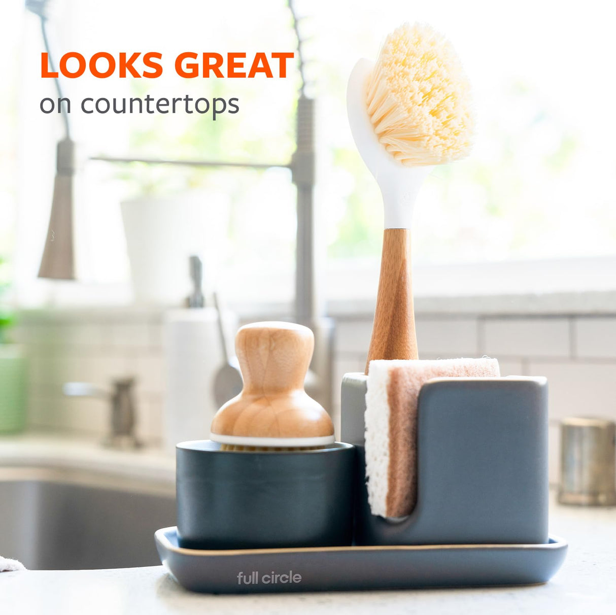 Full Circle Be Good Bamboo Handle Dish Brush – Sustainable Kitchen Cleaning with Tough Bristles - Natural Dish Scrubber & Cast Iron Cleaner - Long Handle Brush for Dishes, Pots, and Pans, White Full Circle