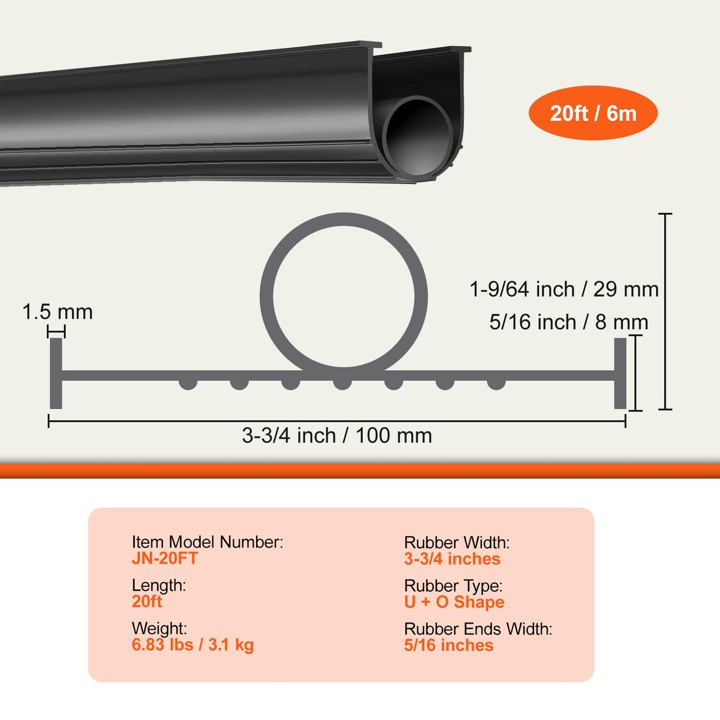 VEVOR Garage Door Seals Bottom Rubber, U Shape +O Ring Garage Door Weather Stripping, Universal Weatherproof Threshold Buffering Sealing Rubber, 5/16 inch T-Ends and 3 3/4 inch Width (20 Ft,  - WoodArtSupply