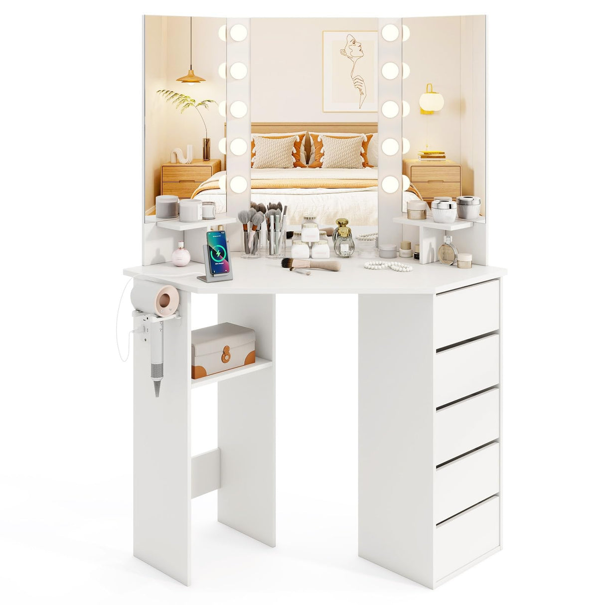 CHARMAID Corner Vanity Desk with Mirror and Lights, White Makeup Vanity Table with 5 Drawers, Storage Shelves, Charging Station, 3 Lighting Modes, Compact Vanity Dressing Table for Small Space CHARMAID