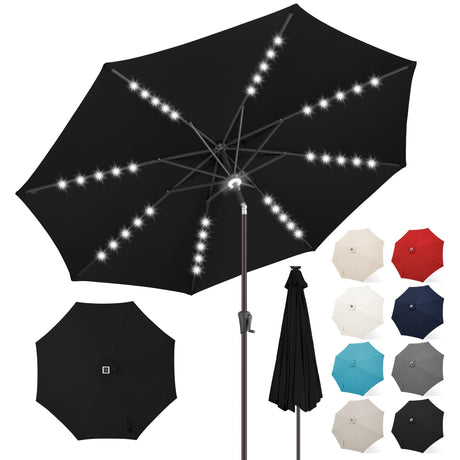 FLAME&SHADE 10 ft Solar Powered Outdoor Market Patio Table Umbrella with LED Lights and Tilt, Black FLAME&SHADE