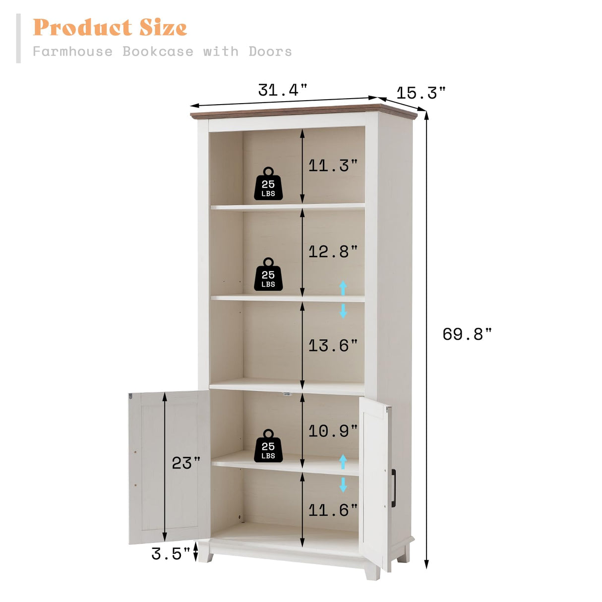 AMERLIFE Farmhouse Bookcase with Doors, 5 Shelf Bookshelf Storage Cabinet with Adjustable Shelves & Barn Door, Versatile Storage Pantry Cabinet for Bedroom, Living Room, Kitchen, Rustic White(2pcs) AMERLIFE