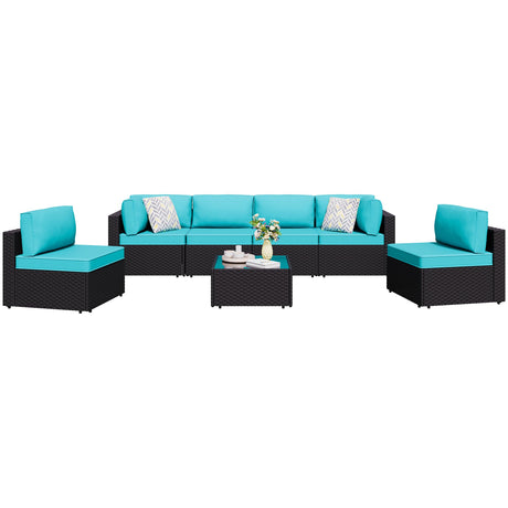 Shintenchi 7 Pieces Outdoor Patio Sectional Sofa Couch,PE Wicker Furniture Conversation Sets with Washable Cushions & Glass Coffee Table for Garden, Poolside, Backyard (Blue) Shintenchi