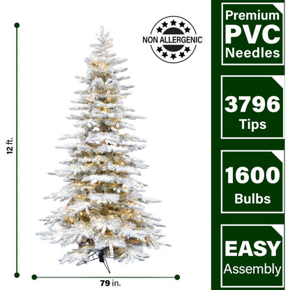 Fraser Hill Farm 12-Ft. Mountain Pine Flocked Artificial Christmas Tree with Warm White LED Lights and Stand, Prelit Foldable Fake Tree with Realistic Snowy Foliage for Home Decoration