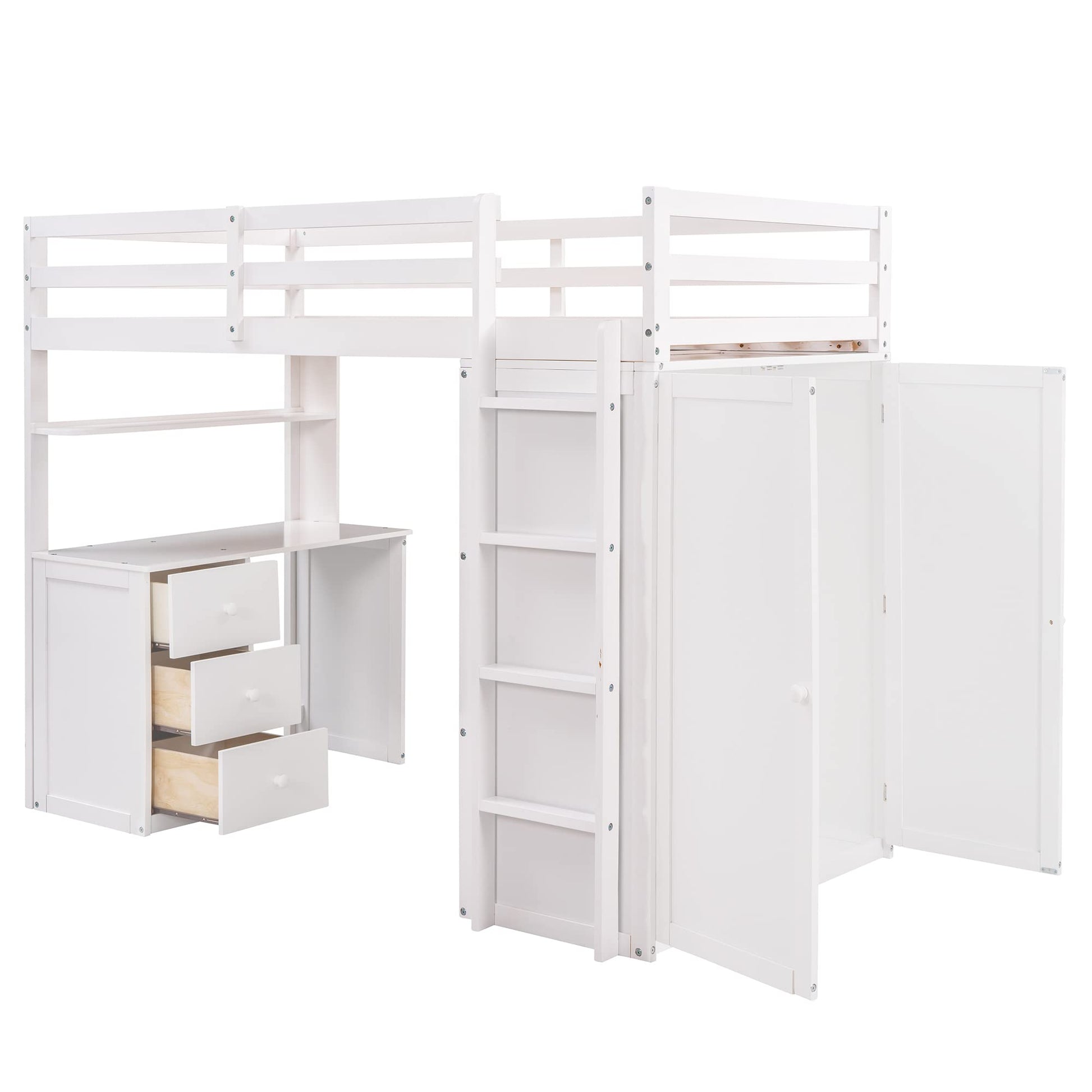 Stylish Twin Loft Bed with Desk and Wardrobe for Kids and Teens, White Wood Frame with Storage Drawers - WoodArtSupply