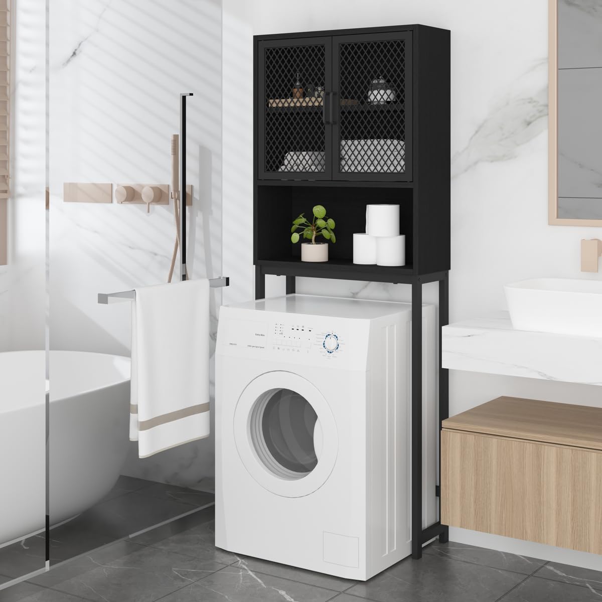 Launica Bathroom Organizer Over Toilet, Wood Metal Bathroom Over The Toilet Storage, Industrial Bathroom Space Saver Shelf Over Toilet, Freestanding Bathroom Cabinet Above Toilet wtih Rack, Black Oak Launica