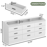 Gyfimoie 9 Drawers Dresser for Bedroom with Power Outlet, Chest of Drawers with LED Light, Modern Dressers with Open Storage Cubby, Triple Wide Dressers Organizer for Living Room (White) Gyfimoie