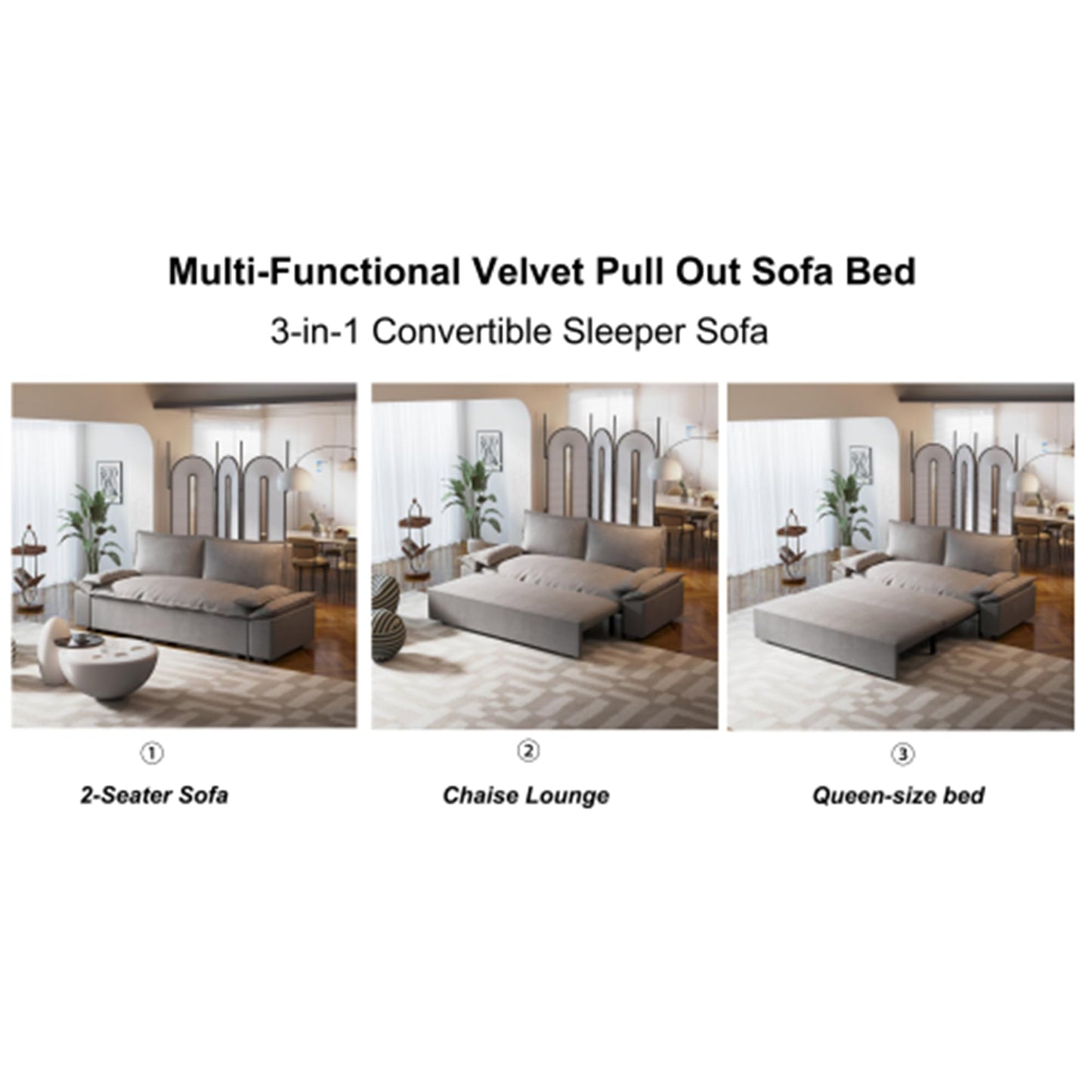 UPYOOE 70.1" Futon Sofa Bed Queen Size, Pull Out Bed, 3-in-1 Convertible Sleeper Sofa with 2 Soft Pillows, Modern Velvet Futon Couch for Living Room, Small Space, Apartment, Bedroom, Light Gr - WoodArtSupply