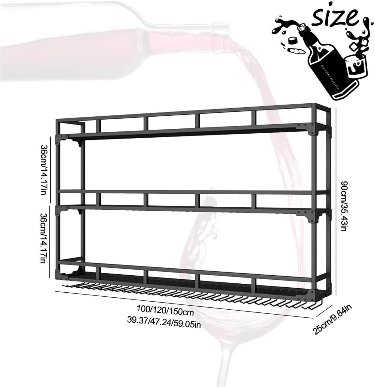 Wall Mounted Wine Rack with LED Light, Floating Liquor Glass Holder 3 Tiers, Large Metal Wine Bottle Display Rack Hanging Shelf, for Home Bar Dining Room Decorative(black, 39.42x35.43x9.84in) RAJYQODIS
