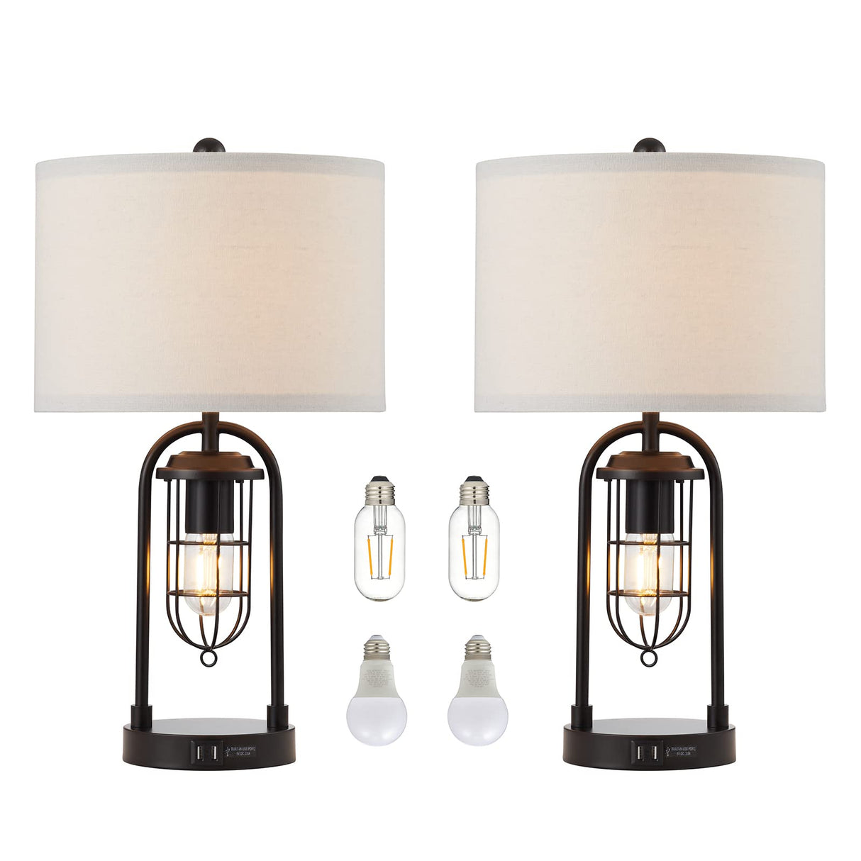 KAWOTI Set of 2 Farmhouse Table Lamps with USB Ports and Night Light Modern Nightstand Lamp for Living Room Bedroom（Bulbs Included） KAWOTI