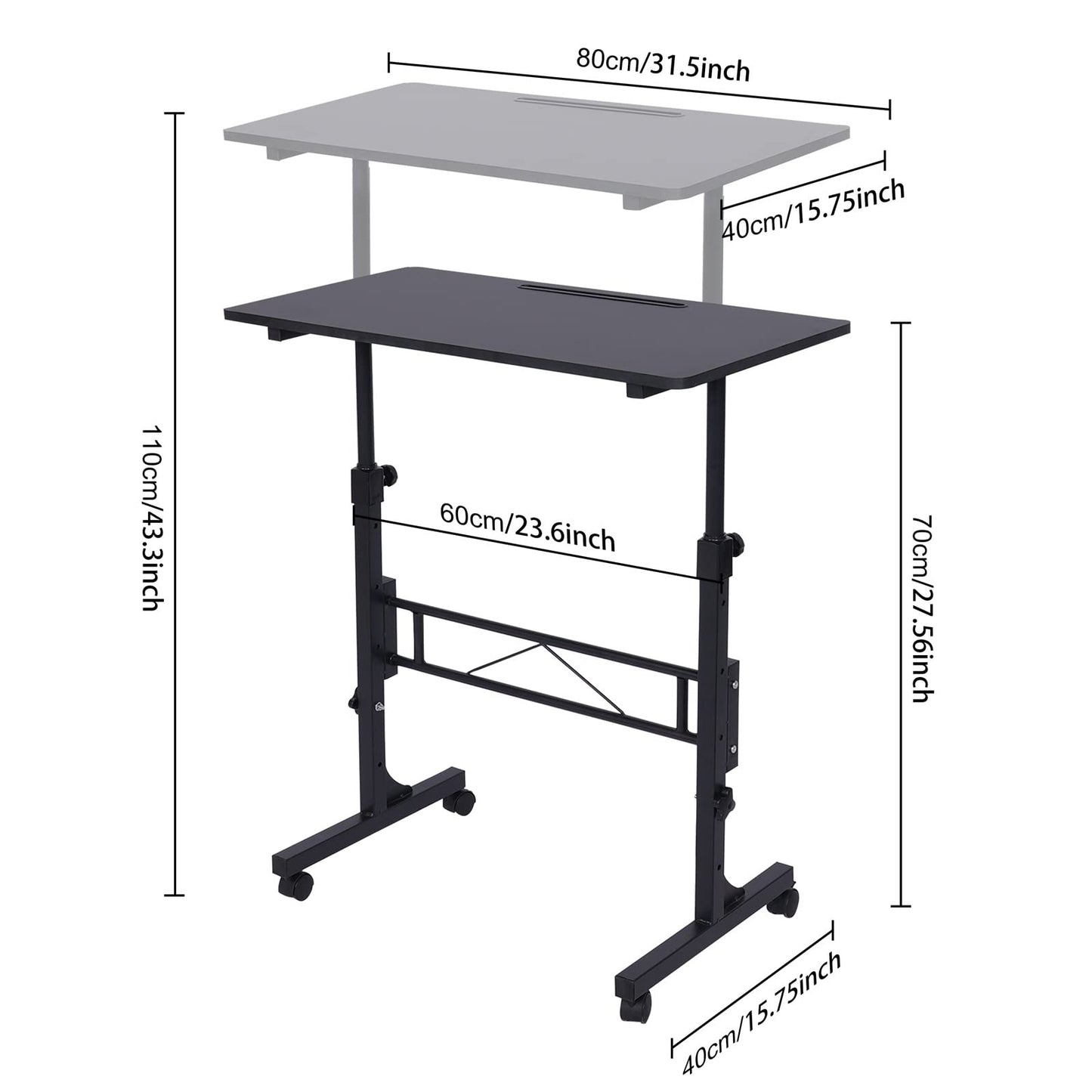 Standing Desk Adjustable Height, Mobile Stand Up Desk with Wheels Small Computer Desk Rolling Desk, Portable Laptop Desk Black Standing Table Sit Stand Home Office Desks 16"x31.5" Height 27"-43.5"