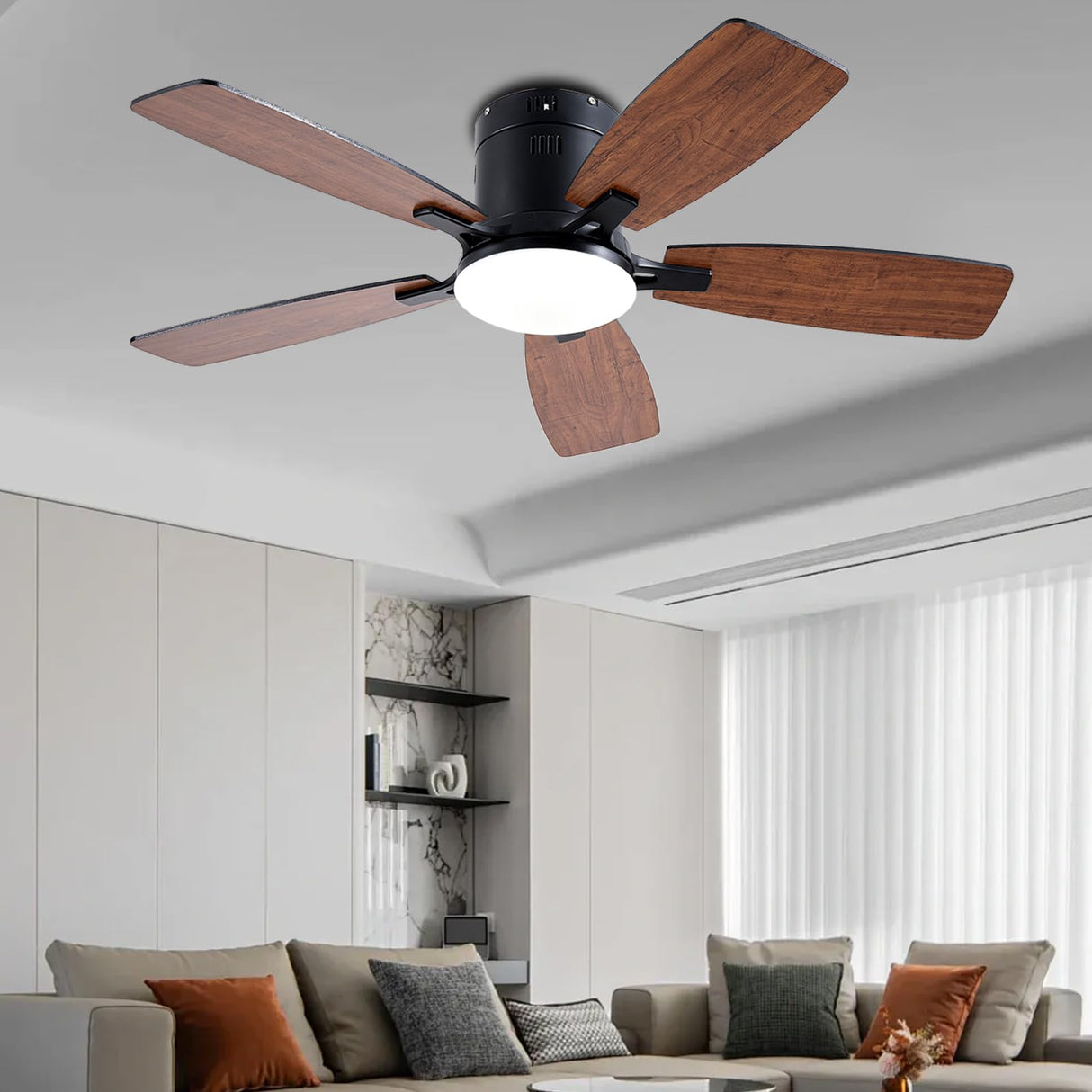 Ayaoty Ceiling Fans with Lights, 42 inch Low Profile Ceiling Fan with Light and Remote Control, Flush Mount, LED Dimmable DC Reversible Modern Ceiling Fan for Bedroom Ayaoty