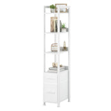 KLUVIS White Narrow Bookshelf with Storage Drawers - 5 Tier Thin Book Shelf for Small Spaces Skinny Shelves Slim Farmhouse 2 Fabric Drawer 60 inch Tall (03W) KLUVIS