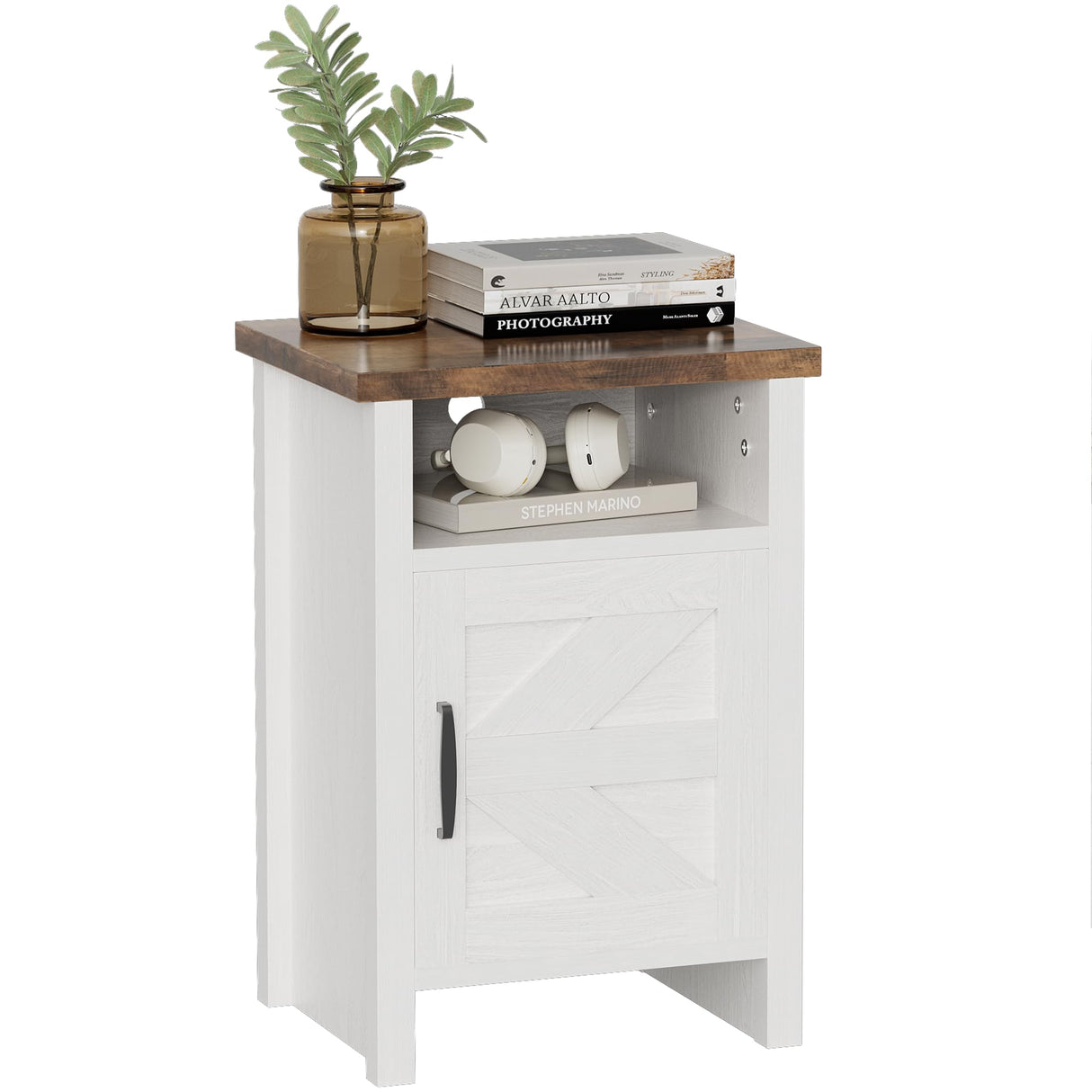 YESHOMY Farmhouse Modern Nightstand with Shelf and Barn Door, Set of 1 for Bedroom, White YESHOMY