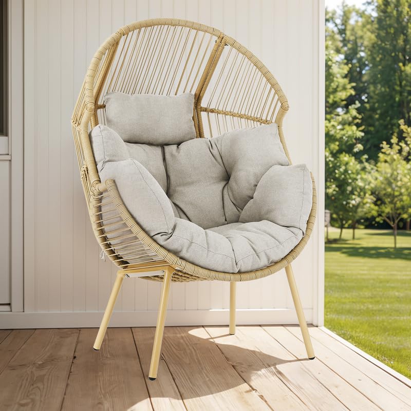 Belord Outdoor Wicker Egg Chair - 300 LBS Weight Capacity Single Patio Egg Lounge Chair with Water Resistant Cushion for Porch Balcony Sunroom, Yellow Wicker Beige Cushion