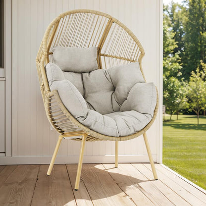 Belord Outdoor Wicker Egg Chair - 300 LBS Weight Capacity Single Patio Egg Lounge Chair with Water Resistant Cushion for Porch Balcony Sunroom, Yellow Wicker Beige Cushion