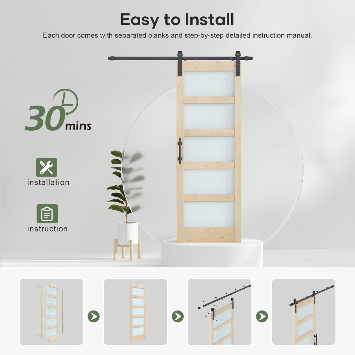 ROYMELO 30x84 inch Glass Sliding Barn Door Slab with 5ft Hardware Kit Included, 5-Panel Frosted Glass, Spruce Wood Support DIY Dyeing, Easy Assembly ROYMELO