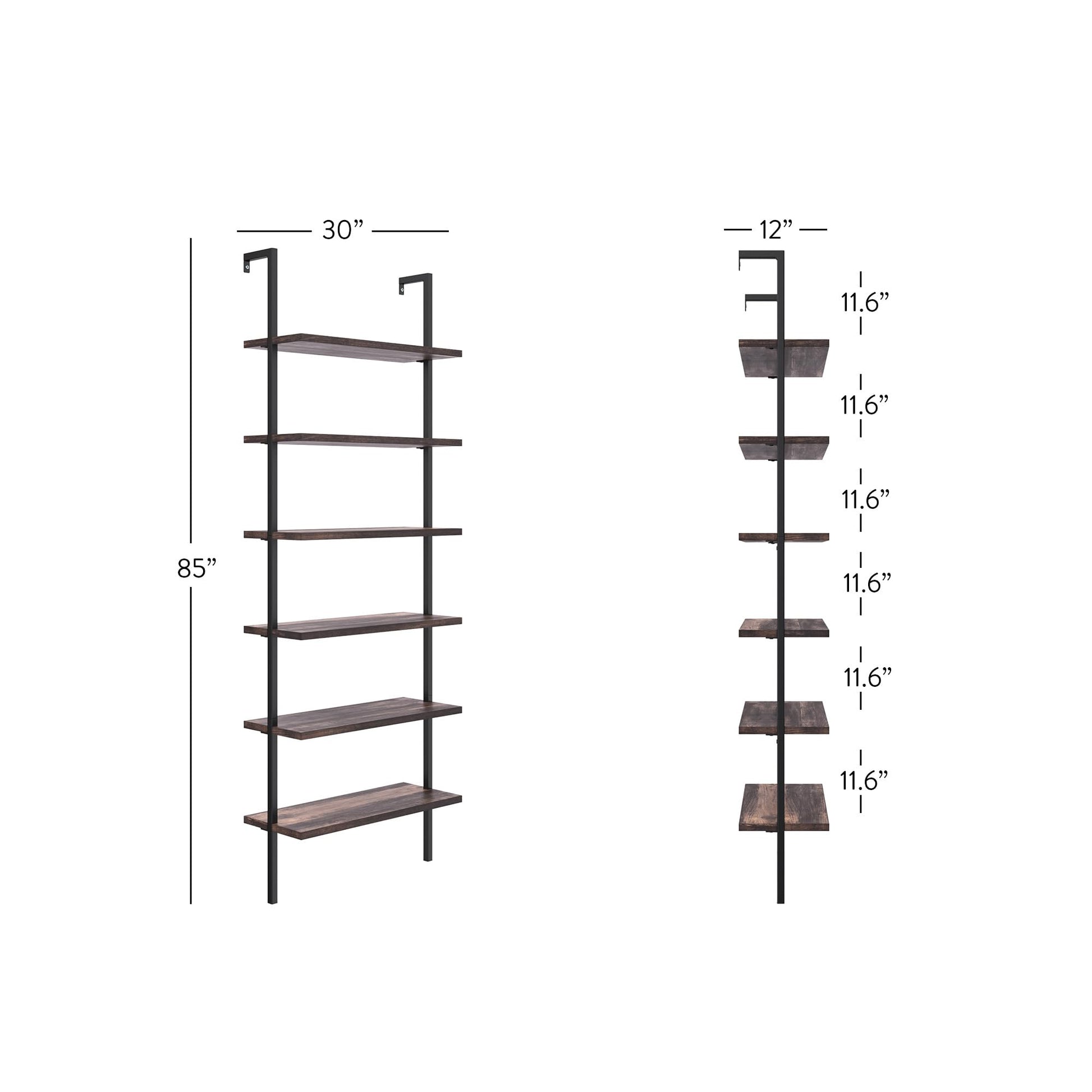 Nathan James Theo 6-Shelf Industrial Wall Mount Bookshelf in Nutmeg and Matte Black - WoodArtSupply