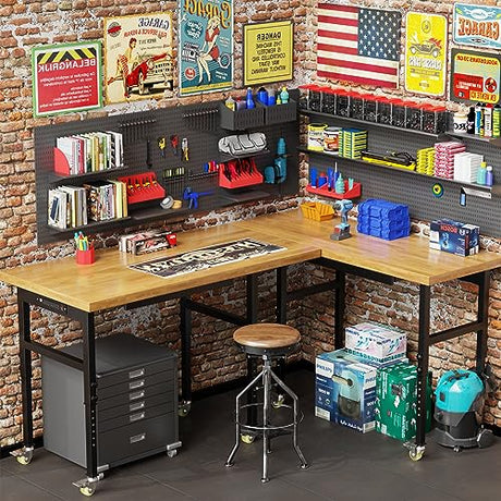 48” Heavy-Duty Solid Wood Work Bench Work Table, Adjustable Height Workbench with Power Outlets, 3000 Lbs Capacity Workstation for Garage, Workshop Maemttes