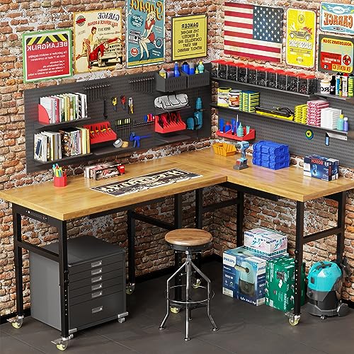 48” Adjustable Wood Work Bench, Heavy Duty Work Table with Power Outlets & Drawers Wheels for Workshop, Garage, 3000 Lbs Capacity Maemttes