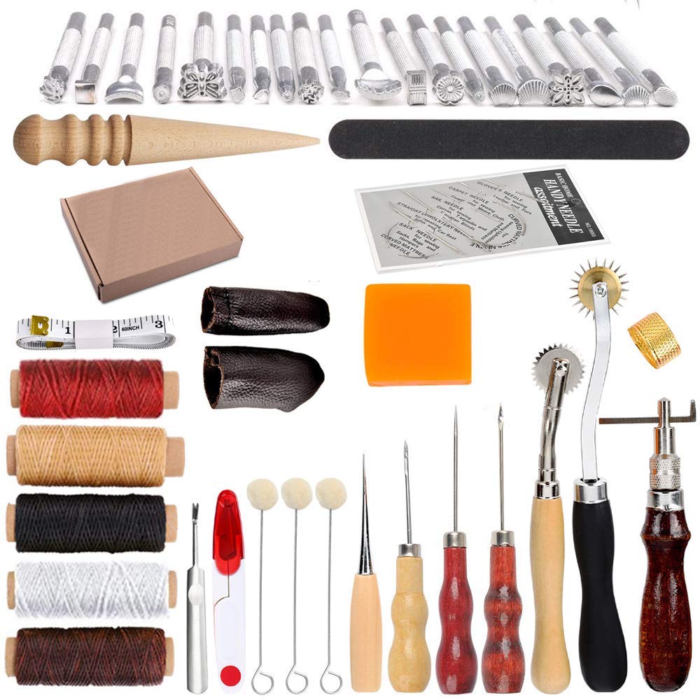Swiftrans 33Pc Leather Tools Leather Craft Tools Kit Leather DIY Leather Working Tools Leather Sewing Set Hand Stitching Tool Set with Groover Awl Waxed Thread Thimble Kit for Punching Cutting Sewing swiftrans