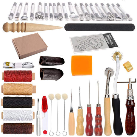 Swiftrans 33Pc Leather Tools Leather Craft Tools Kit Leather DIY Leather Working Tools Leather Sewing Set Hand Stitching Tool Set with Groover Awl Waxed Thread Thimble Kit for Punching Cutting Sewing swiftrans