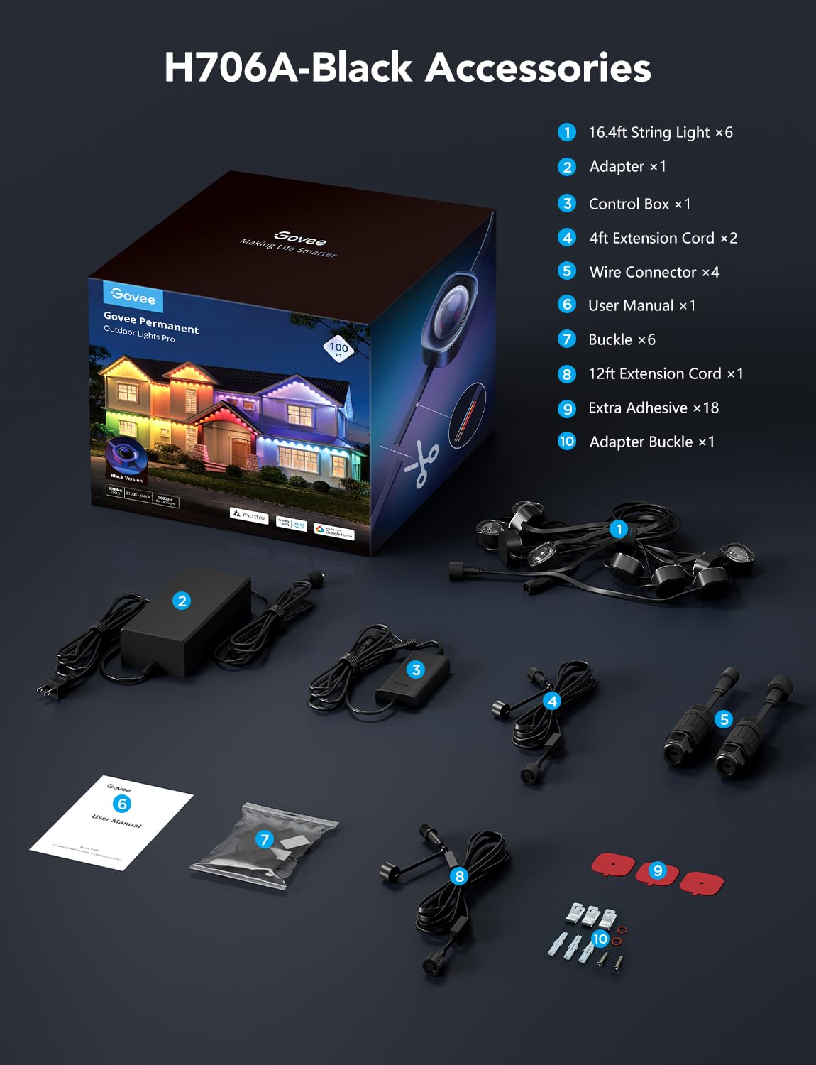 Govee Permanent Outdoor Lights Pro, 100ft with 60 RGBIC LED Lights for Daily and Accent Lighting, 75 Scene Modes for Outdoor Decor, IP67 Waterproof, Works with Alexa, Google Assistant, Matter, Black Govee