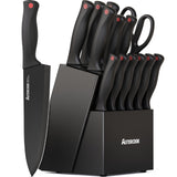 Astercook 15 Piece Knife Set with Sharpener Block - German Stainless Steel, Dishwasher Safe Kitchen Knives with Built-In Sharpener, Black Astercook
