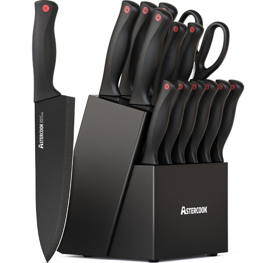 Astercook 15 Piece Knife Set with Sharpener Block - German Stainless Steel, Dishwasher Safe Kitchen Knives with Built-In Sharpener, Black