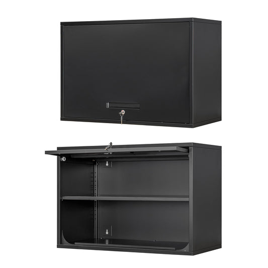 Anxxsu Metal Wall Cabinet with Locking Door and Shelf, Hanging Garage Cabinets with Up-Flip Doors for Garage, Warehouse, Home, Office, Assembly Required (Black, One Cabinet)