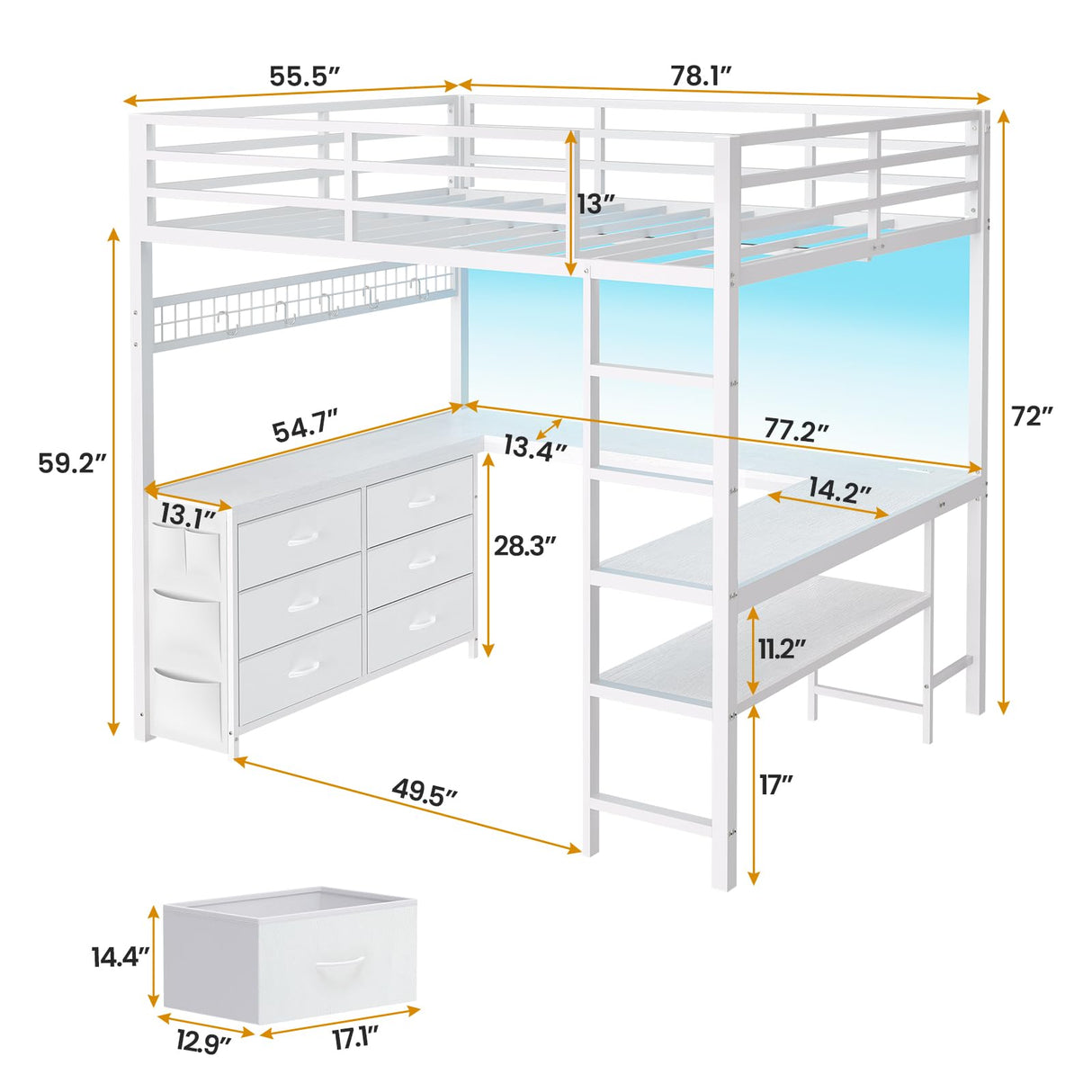 ADORNEVE Loft Bed Full Size with U-Shaped Desk, 6 Storage Drawers, Power Outlet, LED Metal Loft Bed with 2 Storage Shelves, Bed with Safety Guardrail & Ladders,Space-Saving,White ADORNEVE