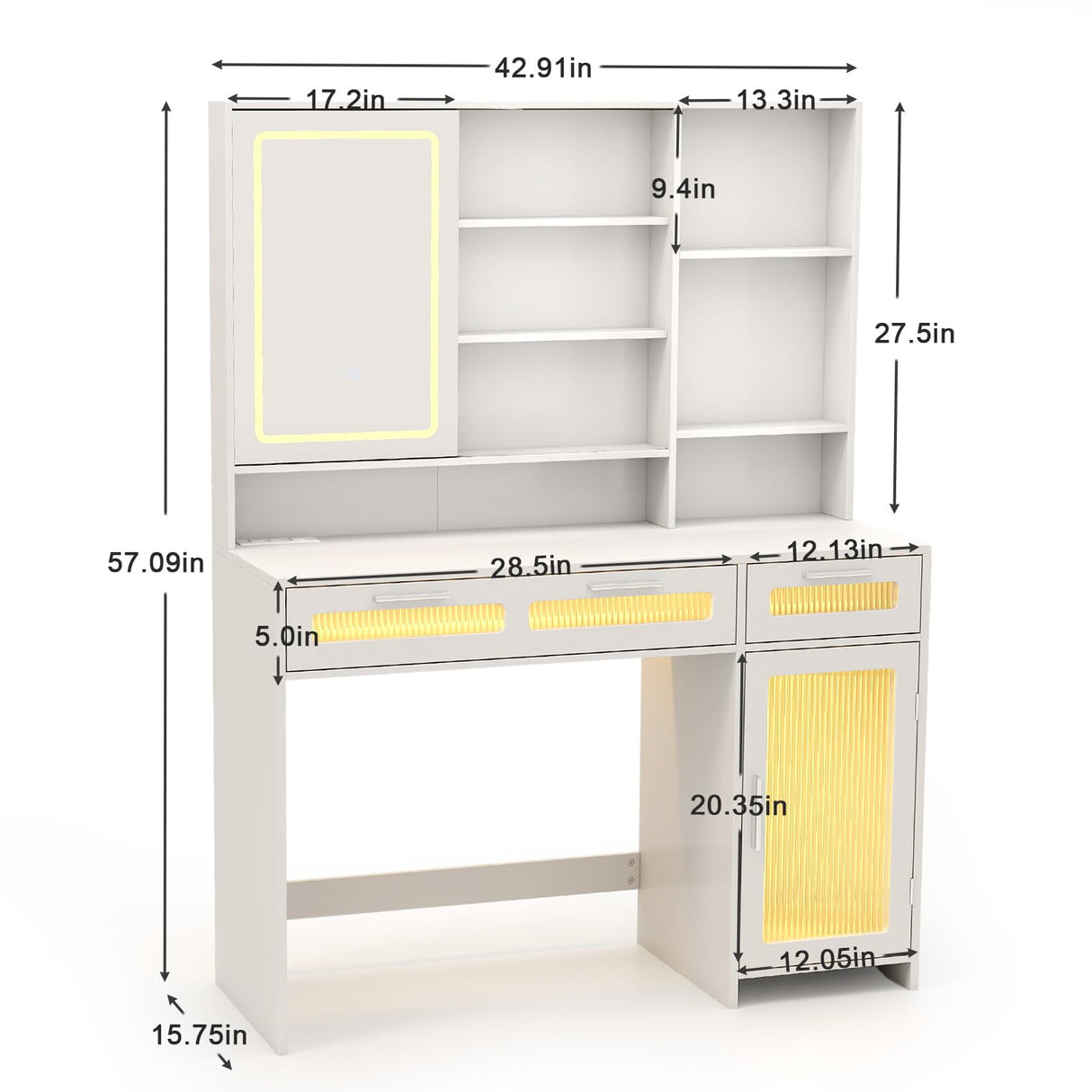 Hadulcet White Vanity Desk with Mirror and Lights, LED Vanity with Power Outlet, Makeup Vanity with 2 Drawers, 10 Storage Shelves and Acrylic Door Cabinet for Bedroom Dressing Room, 43” Hadulcet