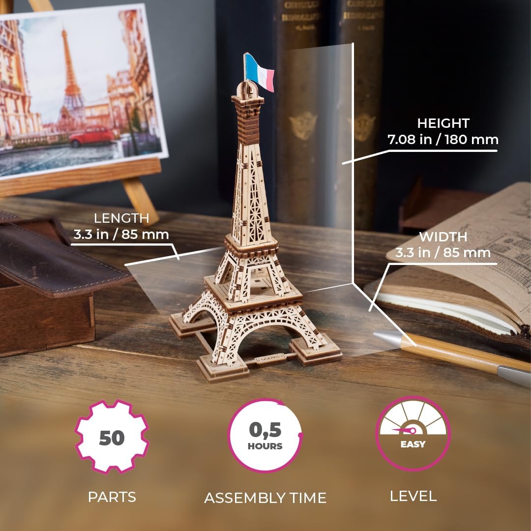 UGEARS Wooden 3D Puzzles for Adults – Paris Eiffel Tower Iconic Models for Adults to Build – Easy Assembly – Paris Puzzle Model Kit Crafts for Adults – DIY Miniature Kit 3D Puzzle – 50 Pcs