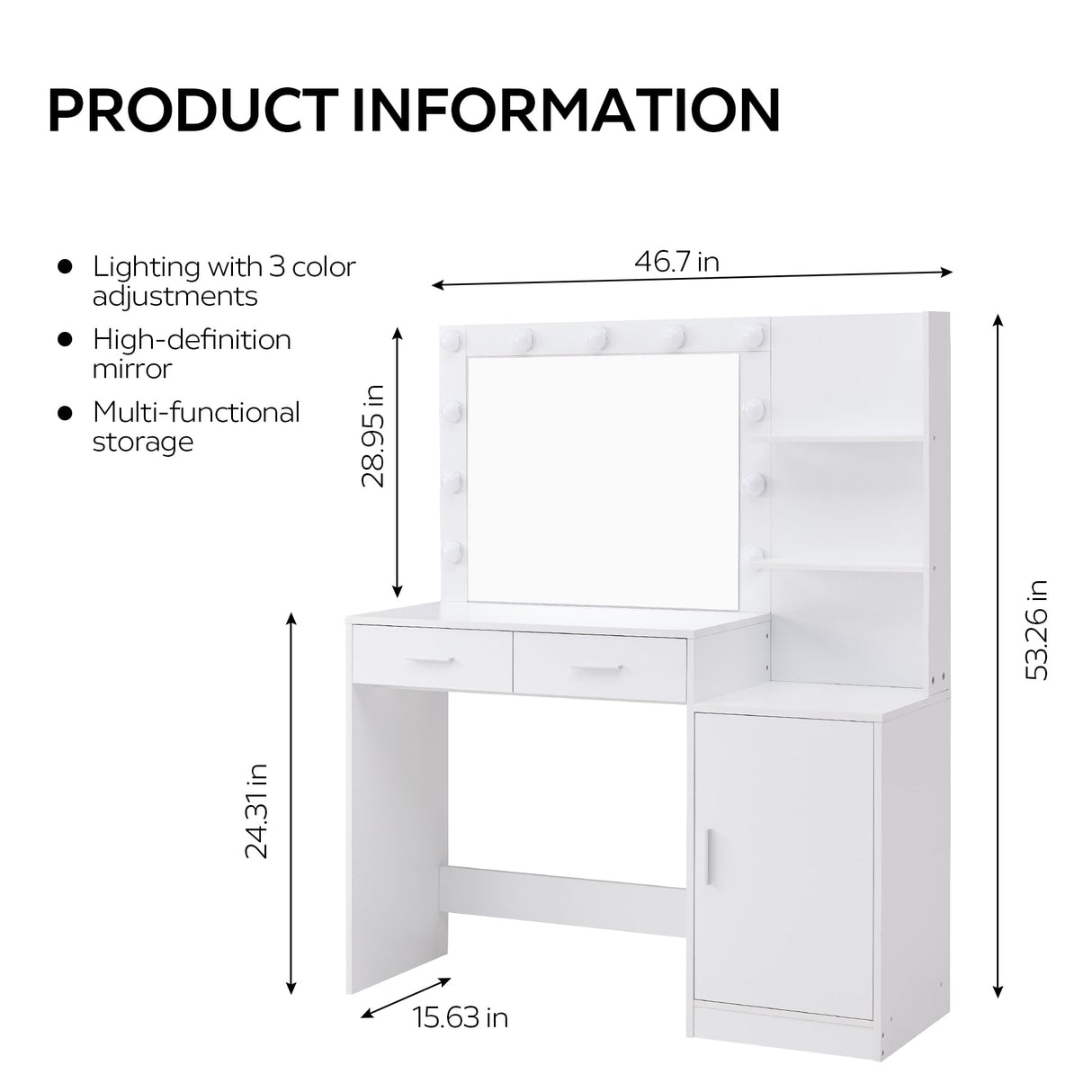MIRROTOWEL 46.7IN Vanity Desk with Mirror and Lights, Dressing Table with 2 Large Drawer&Large Vertical Organizer, 3 Level Dresser & 3 Lighting Modes Adjustable Brightness, Suitable for Bedroom(white) MIRROTOWEL