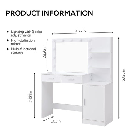 MIRROTOWEL 46.7IN Vanity Desk with Mirror and Lights, Dressing Table with 2 Large Drawer&Large Vertical Organizer, 3 Level Dresser & 3 Lighting Modes Adjustable Brightness, Suitable for Bedroom(white)