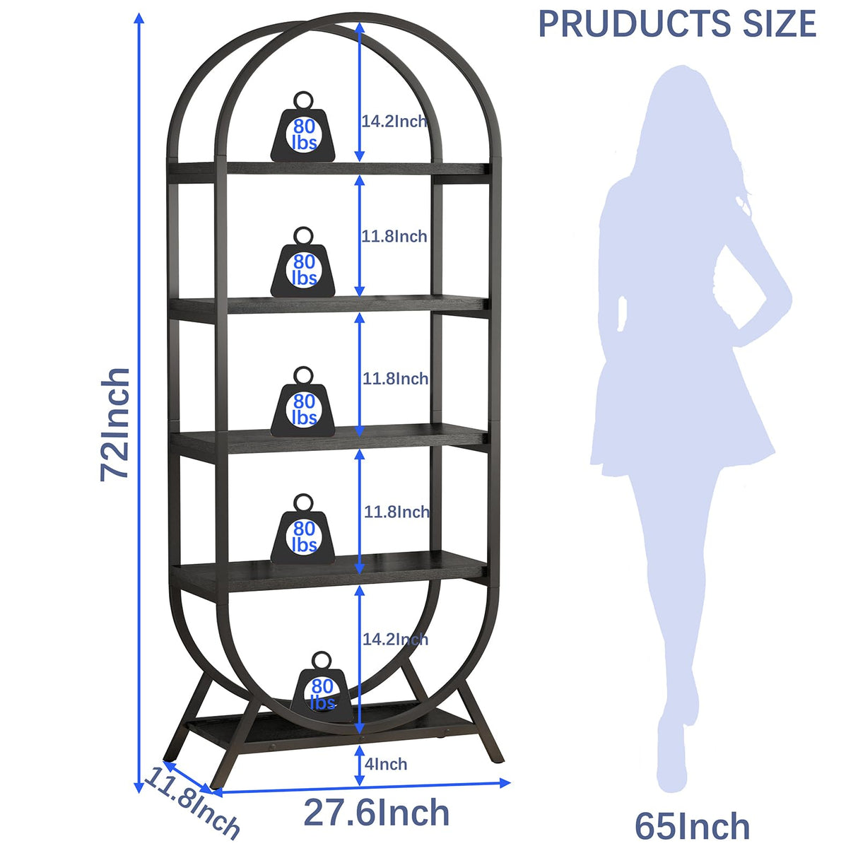 Kogven Bookshelf Arched Bookcase, Industrial 5 Tier Open Book Shelves with Metal Frame, 72" Tall Freestanding Display Rack for Home Office, Living Room, Black Kogven